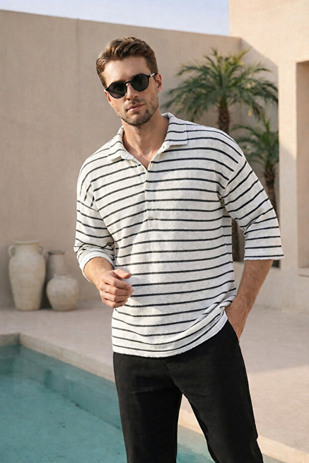 Button Collar Black Half Sleeve Oversize Striped Tshirt