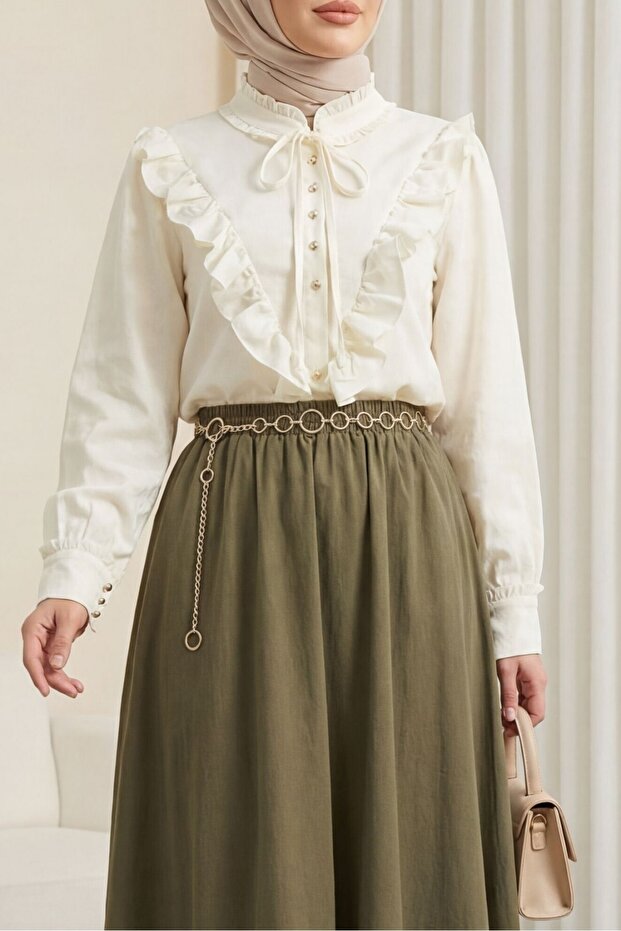 Hakim Collar Ruffle Detailed Lace-Up Jacquard Blouse -Ecru
