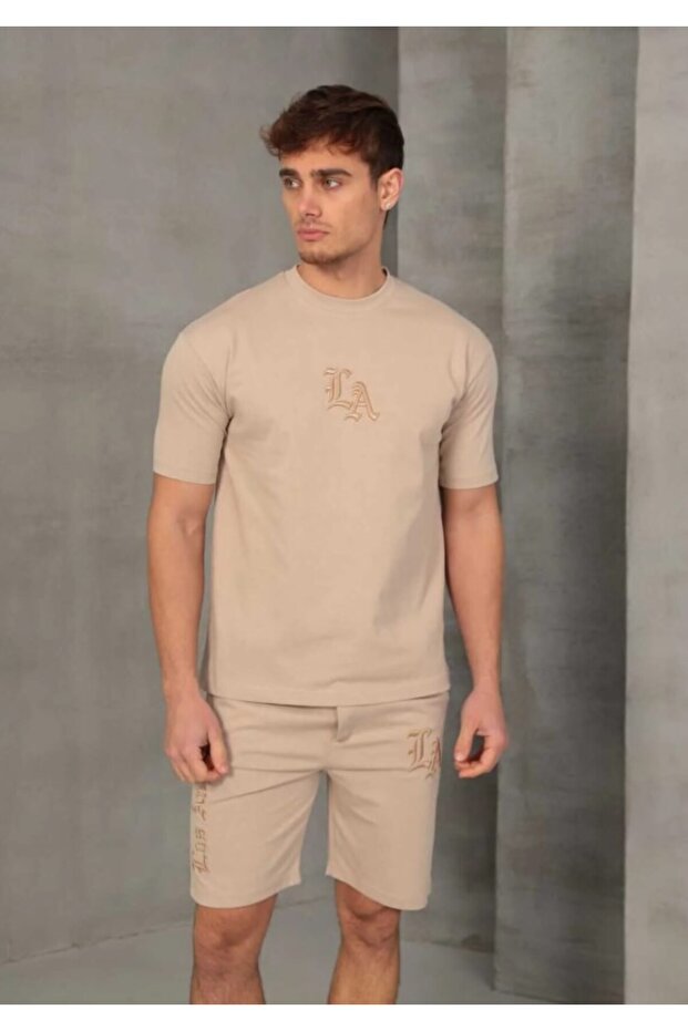 Beige Embroidered Basic Men's Shorts Set - 5