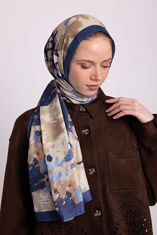 Single-Sided Shawl with Bud Leaf Pattern - Blue - 5