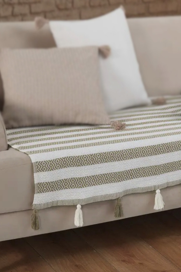 Liva Beige Sofa Cover with Pompoms 115 X 200 cm Sofa Divan Sofa Bed Armchair Cover Shawl with Tassels