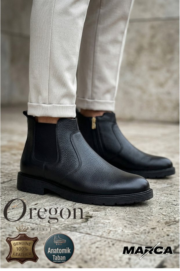 ® I 100-101 Orgn Casual Zippered Black 100% Genuine Leather 4 Season Men's Boots Chelsea Shoes