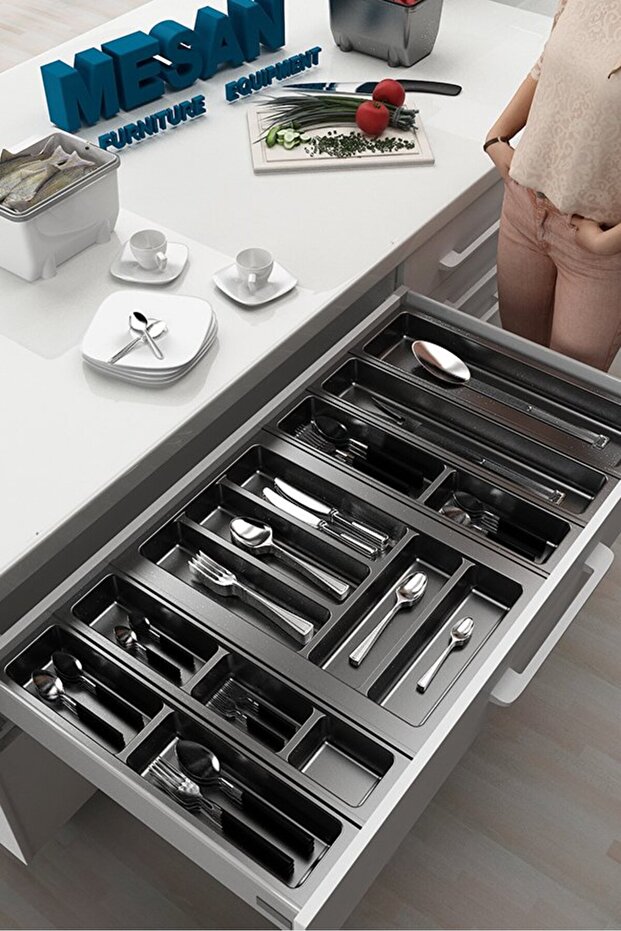 Kitchen Drawer Organizer, Cutlery Holder 84cm X 48cm, Sides and Height Can Be Cut 4cm, Anthracite