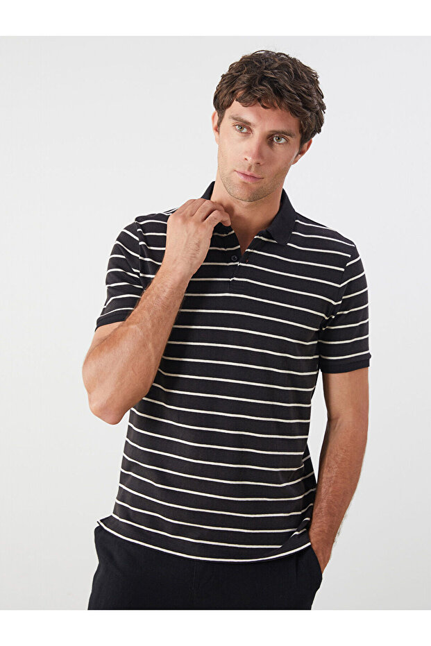 Polo Neck Striped Combed Cotton Men's T-Shirt