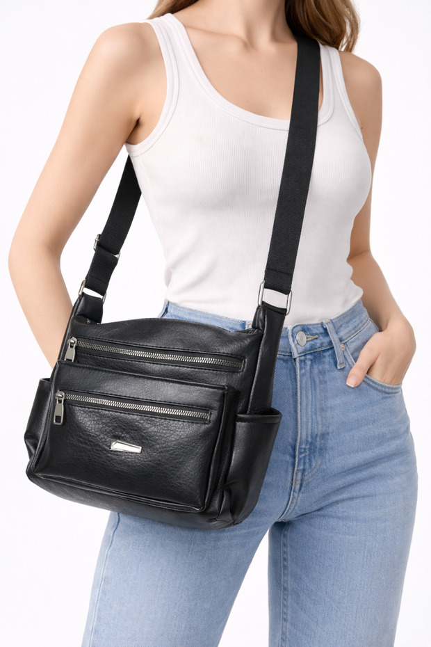 Black Women's Washed Leather Cross Shoulder Bag with Plenty of Eyelets