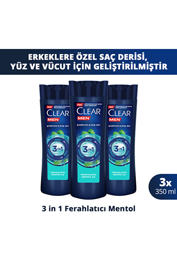Clear Men 3 in 1 Şampuan & Duş Jeli Ferahlatıcı Mentol Saç Yüz Vücut İçin 350 ml x3