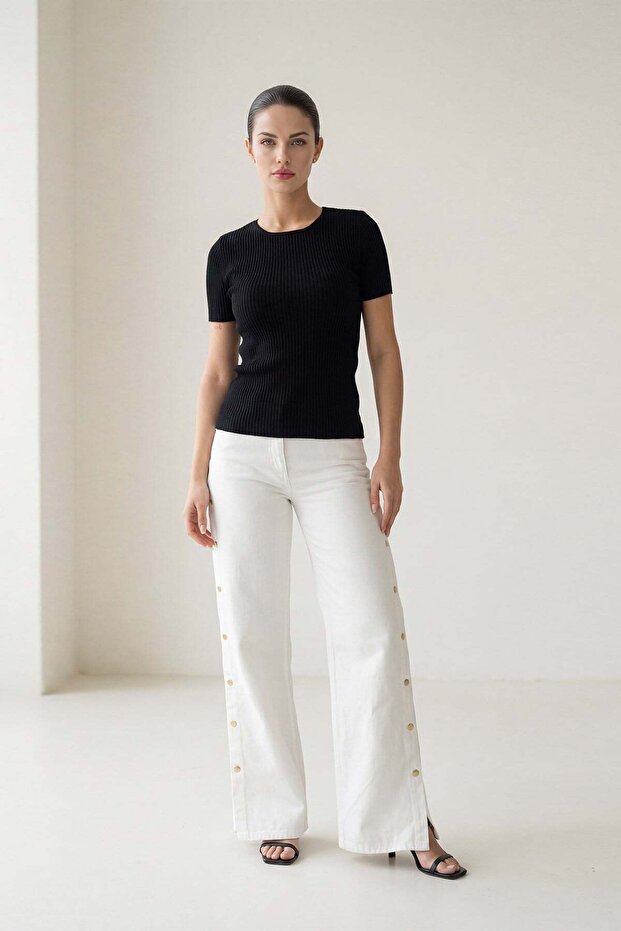 Black Back Detailed Short Sleeve Knitwear Blouse