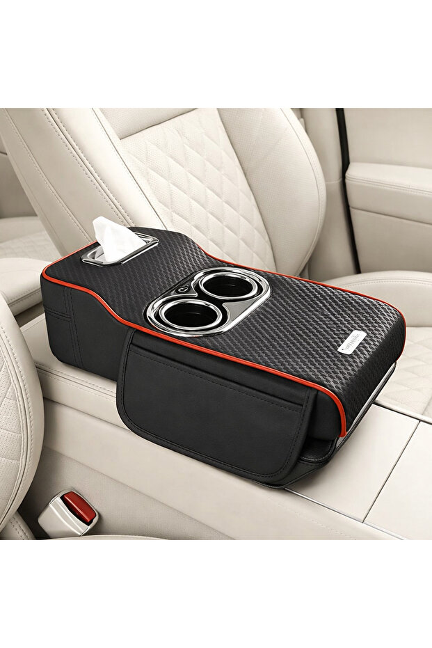 Auto Family Car Armrest Heightening Pad with Cup Holder & Tissue Box – PU Leather Console Organizer