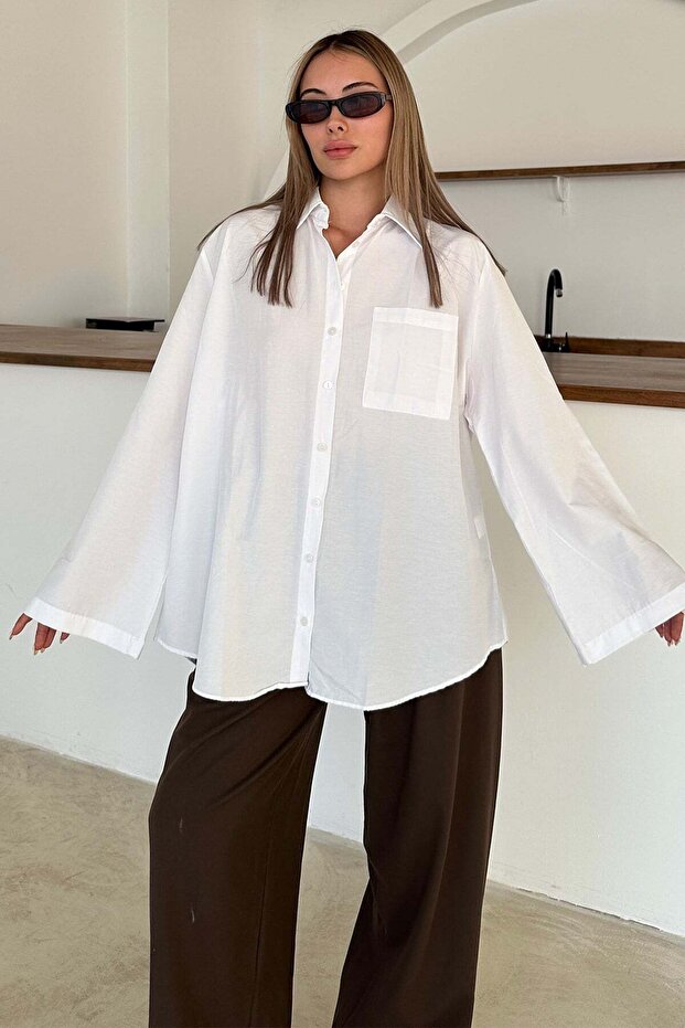 Spanish Sleeve Loose Cotton Shirt White 9365