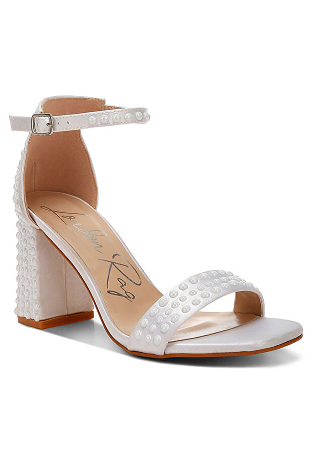 Women Pearls Embellished Satin Sandals in Off White