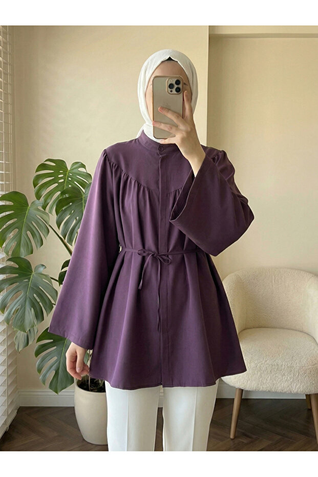 Women's High Collar Belted Tunic Blouse Balloon Sleeve Relaxed Fit Hijab Shirt
