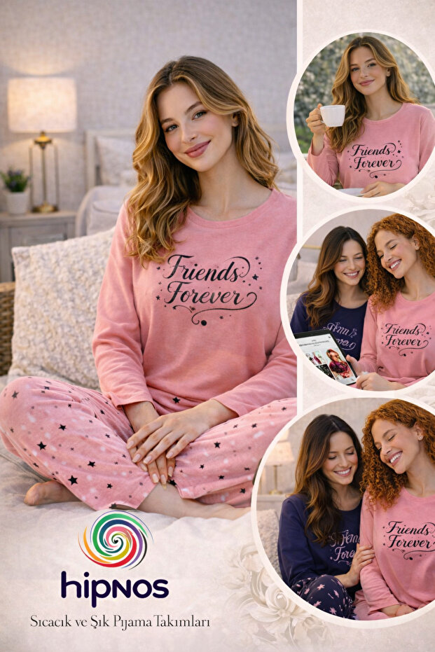 طقم بيجامة Pink Friends Forever مطبوع 100% قطن بأكمام طويلة Alt star مطبوع
