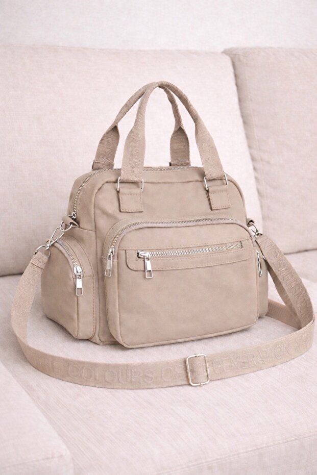 Women's Beige Satin Shiny Waterproof Multi-Compartment Hand & Shoulder Bag — Daily Mini Crossbody Bag with Column Strap