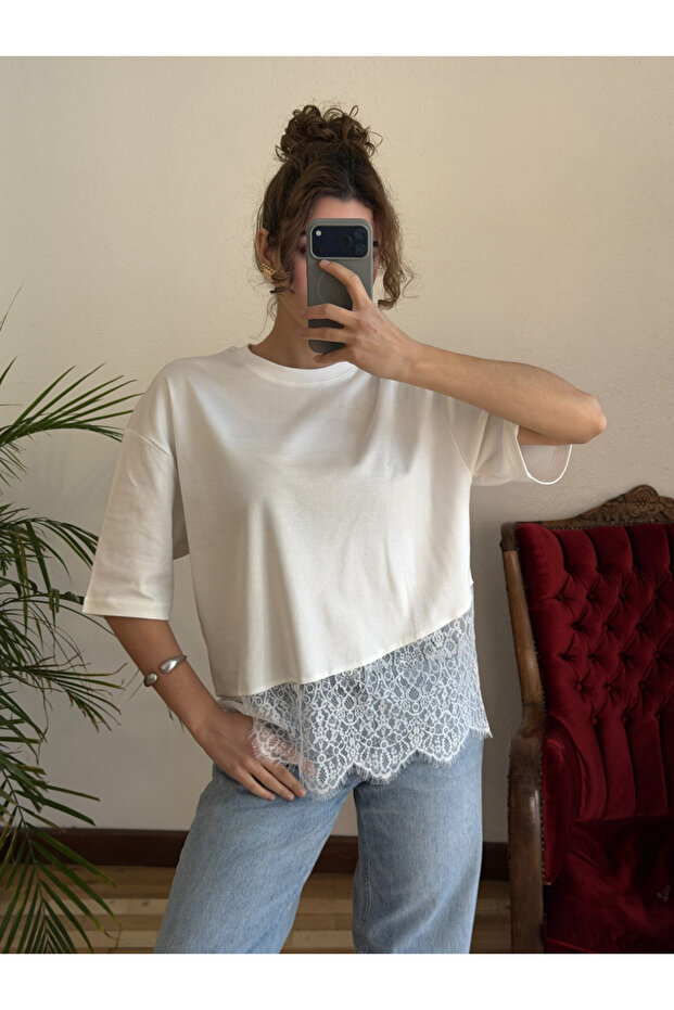 White Asymmetrical T-Shirt, Pack of Lace - 4122