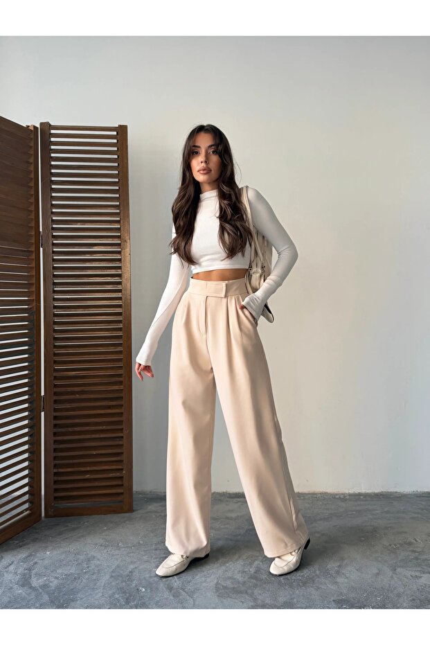 Waist Velcro Palazzo Trousers - Stone