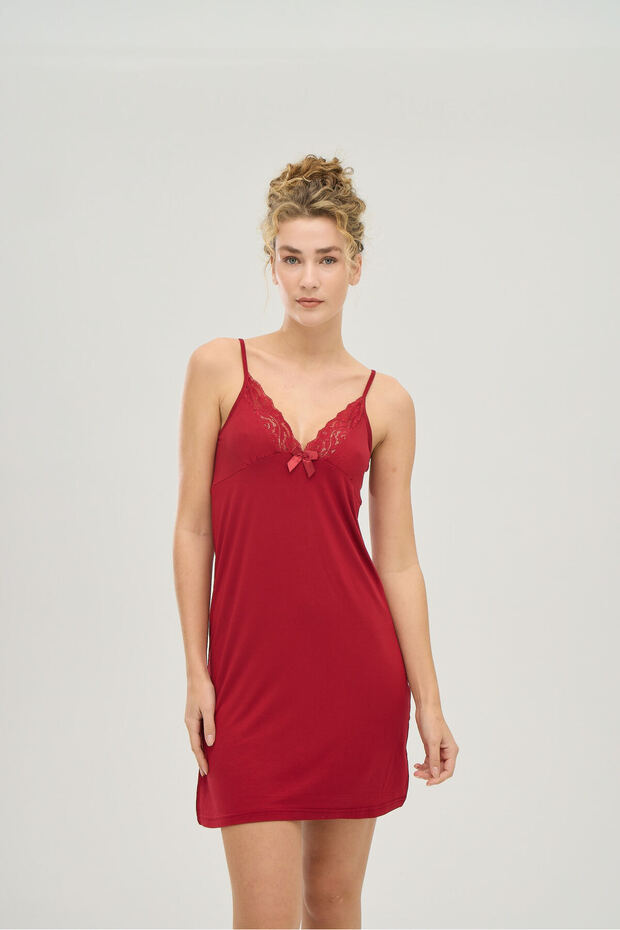Women's Viscose Fabric Adjustable Rope Strap V-Neck Lace Detailed Nightgown - Claret Red
