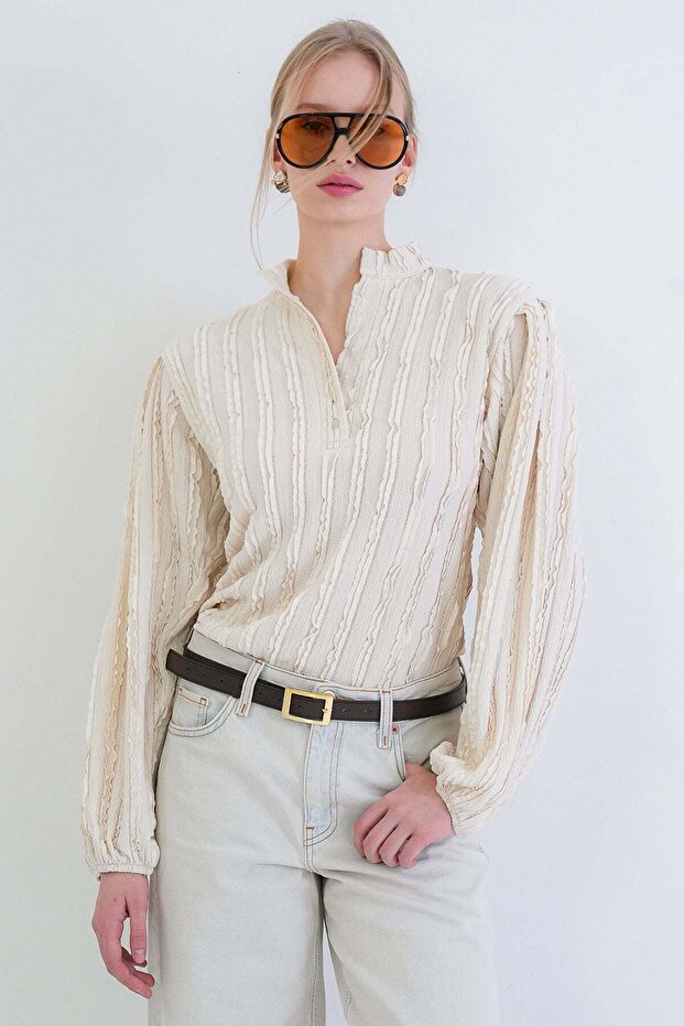 Ecru High Collar Buttoned Front Balloon Sleeve Ruffle Fabric Shirt Blouse Alc-X15405