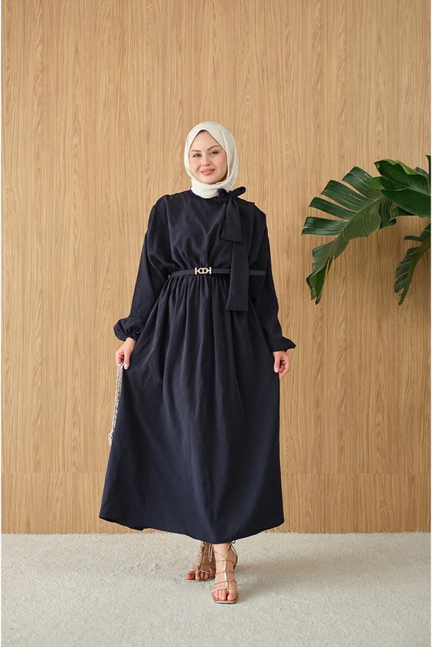 Women's New Season Dress with Belt Detail and Tie Collar - Navy Blue