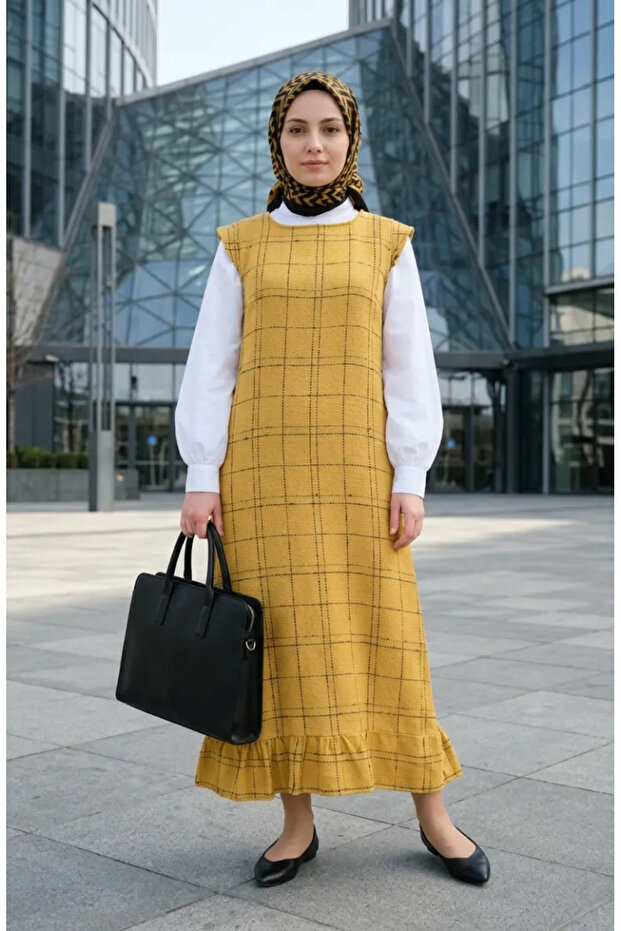 Checkered Textured Gilet Dress 2514-02 Mustard