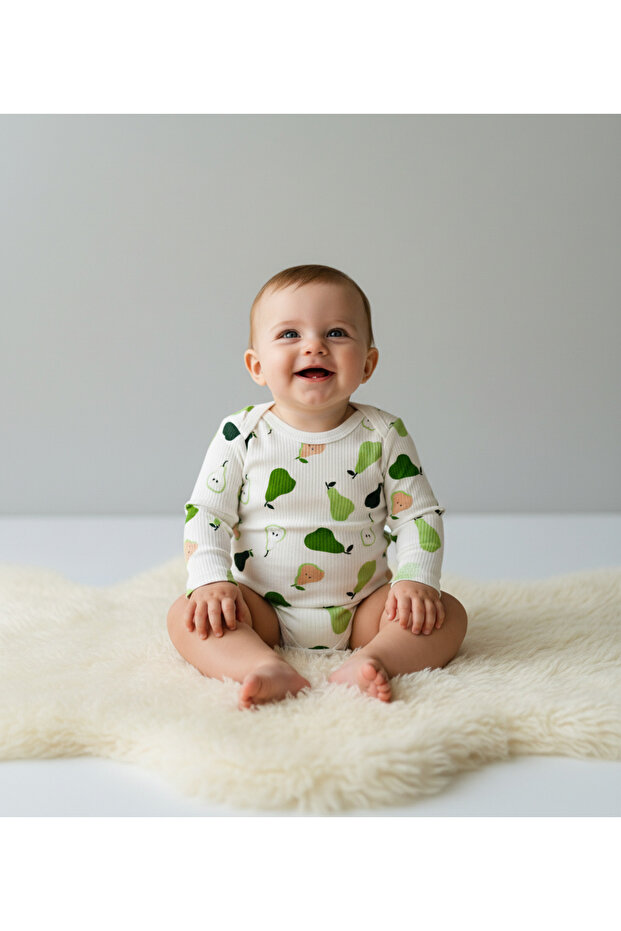 Newborn Baby Boy Body Suit with Pear Print and Snap Fasteners, 100% Cotton, Flexible Bodysuit
