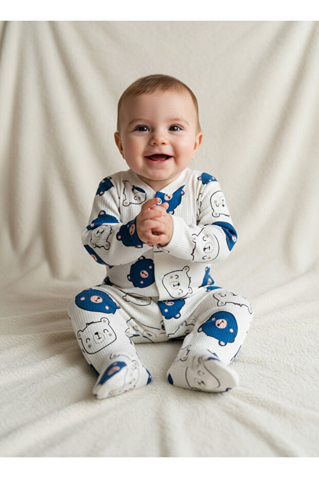 Baby Boy Jumpsuit 100% Cotton Bear Printed Flexible Comfortable Daily Jumpsuit with Snap-On Booties