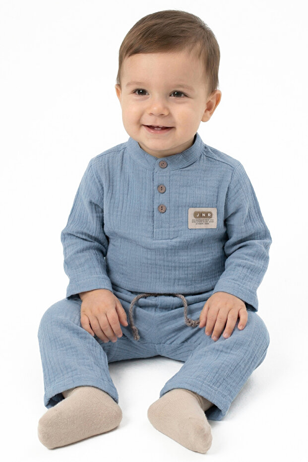 Baby Boy Blue Judge Collar Buttoned Muslin 2-Piece Set