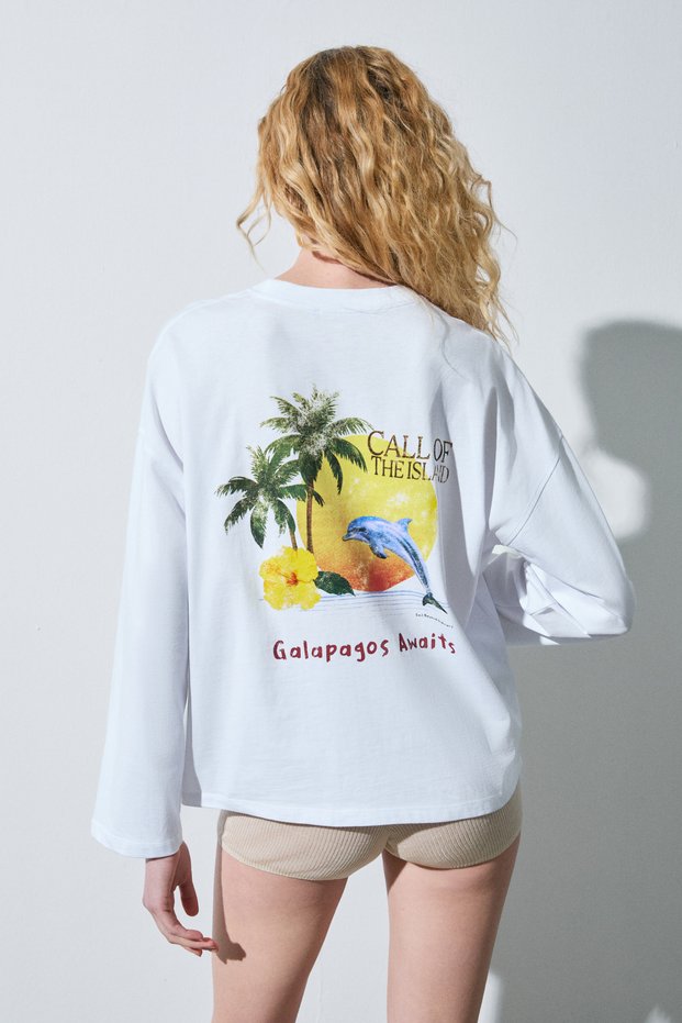 Virena women's 100% cotton long sleeve white t-shirt with print and embroidery details