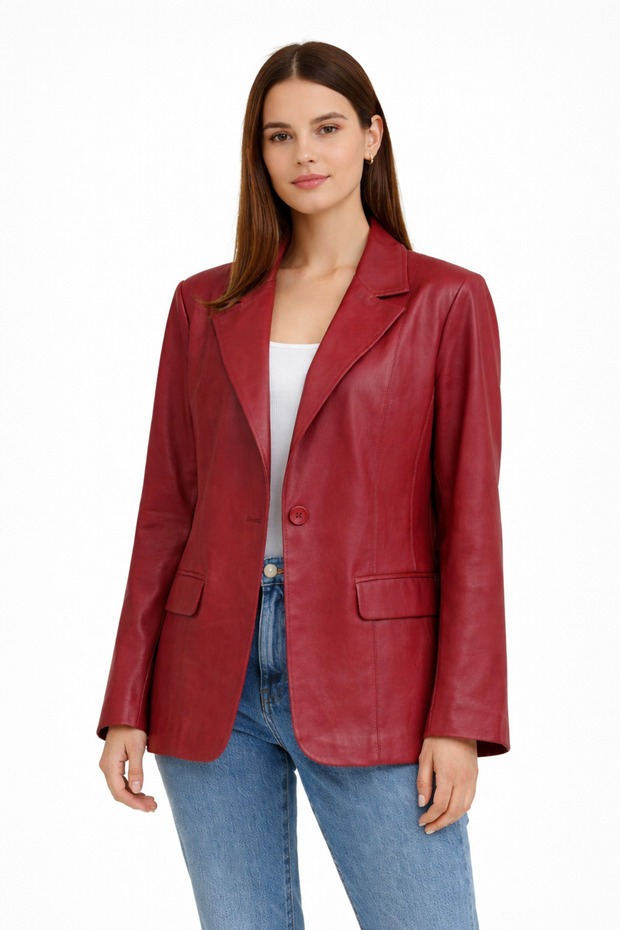 Women's Single Button Blazer Red Leather Jacket B2020