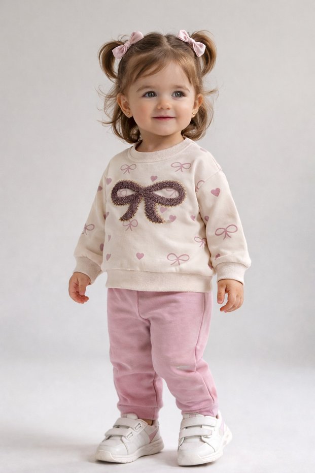 Baby Girl Heart Bow Embroidered 2-Piece Top and Bottom Set 2Yarn m Transitional Tracksuit Set 3-12 Months