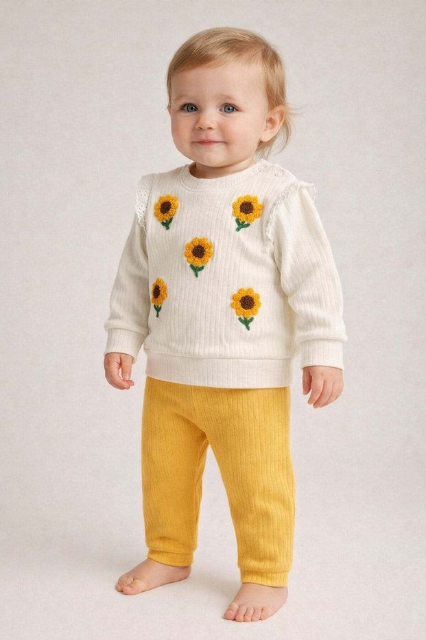 Baby girl bee-sunflower embroidered 2-piece ribbed top and bottom set 3-12 months