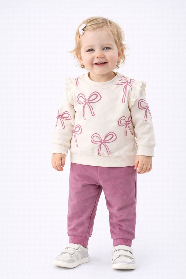 Baby Girl Bow Patterned Sweatshirt with Sleeve Detail + Sweatpants 2-Piece Set 3-6-9-12 Months