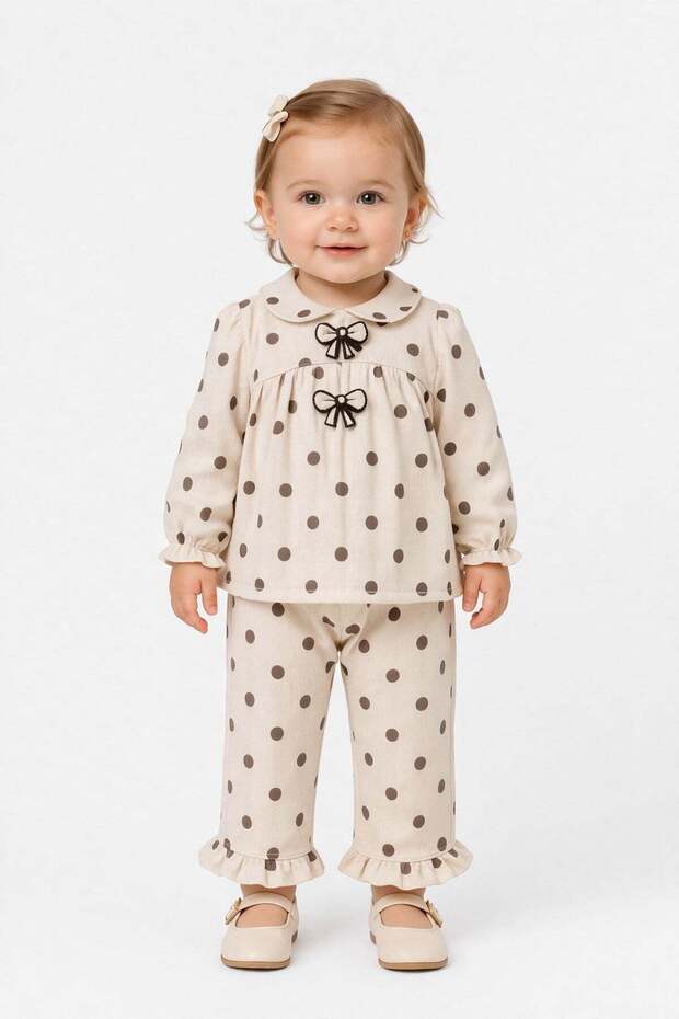 Baby girl polka dot 2-piece outfit set with bow detail - perfect for 6, 12, and 18 month olds - holiday ready!