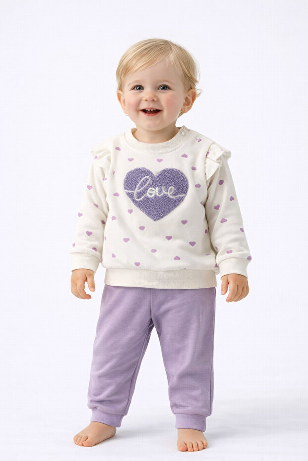 Baby girl seasonal tracksuit set with heart pattern, 2-thread, non-raising, 3-12 months