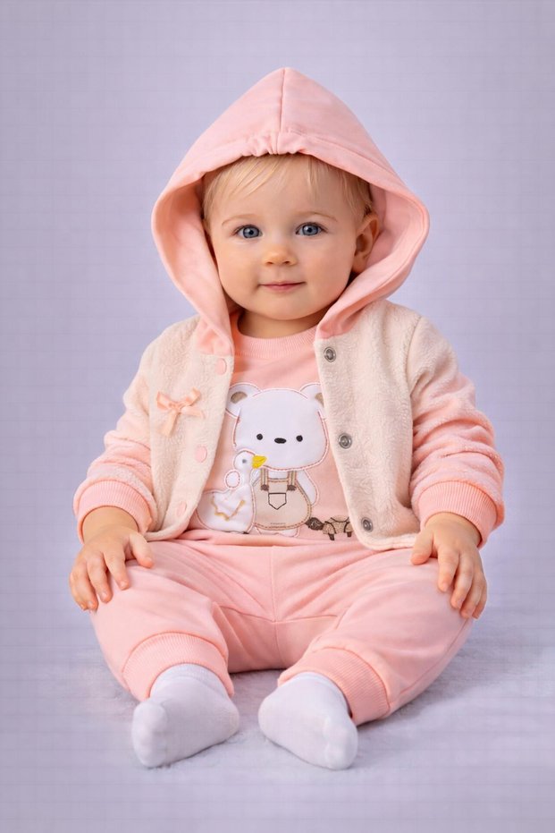 Baby Girl Teddy Bear and Duck Embroidered 3-Piece Bodysuit with Hooded Cardigans 3-Piece Girl Set 0-3-6-9 Months Old