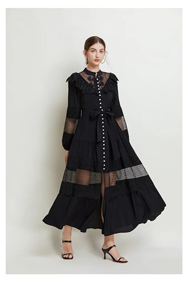 Lace Maxi Dress with Pearl Buttons and Ruffles