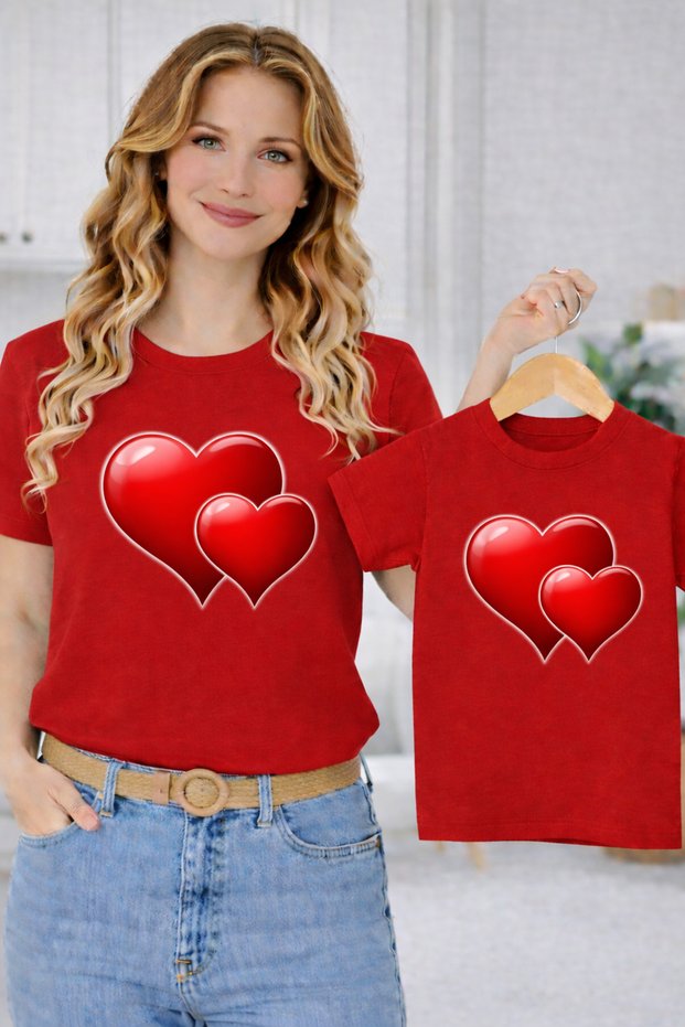Mother Unisex Kids Combination Oversize T-Shirt Twin T-Shirt Converged Hearts Printed (Single Price)