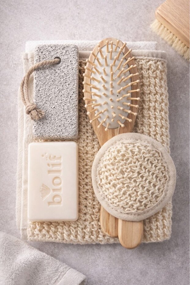 Bath Set, Washcloth, Massage Brush, Pumice Stone, Soap, Natural Personal Care Set, 5 Pieces