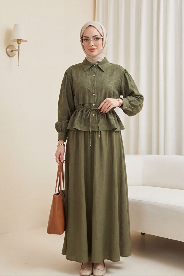 Jacquard Suit with Stoned Buttons and Tie-Waist Skirt - Khaki