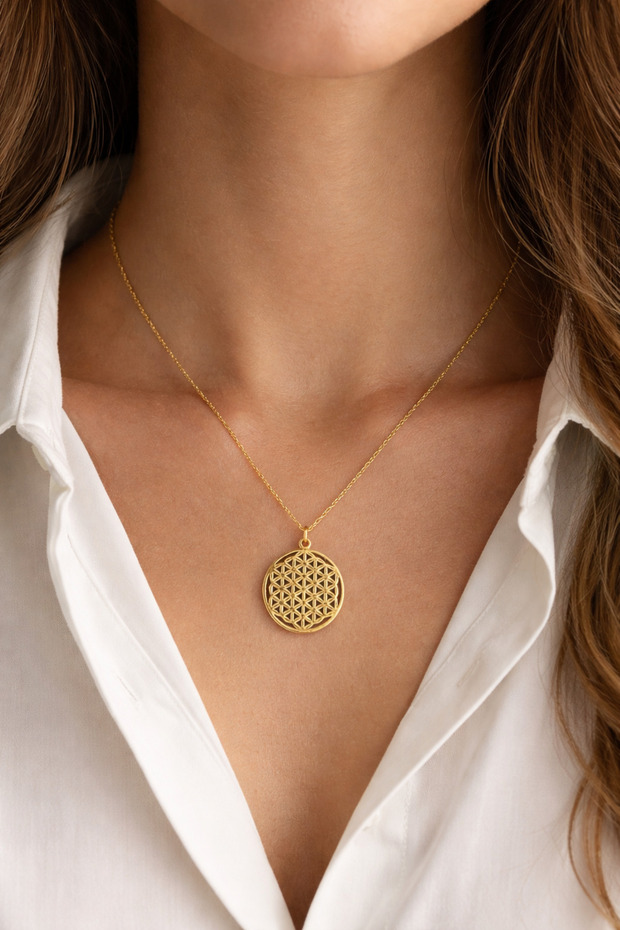Gold Color Flower of Life Patterned Steel Necklace for Women