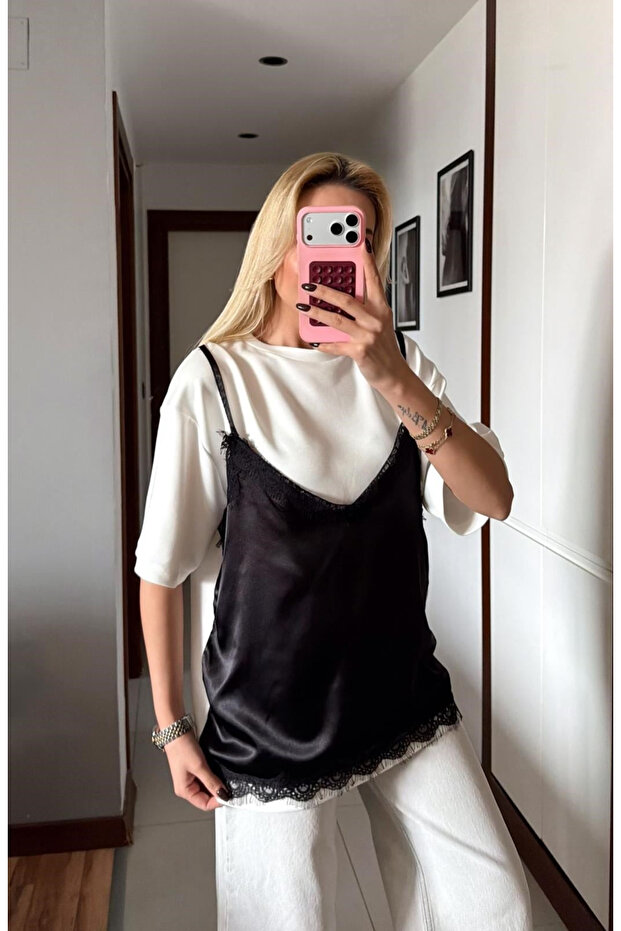 Ecru Strappy Satin Lace Tshirt - 1084