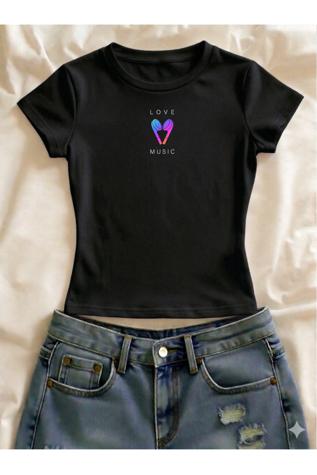 Love Music Printed Lycra Slim Fit Short Sleeve Crew Neck Tee Crop