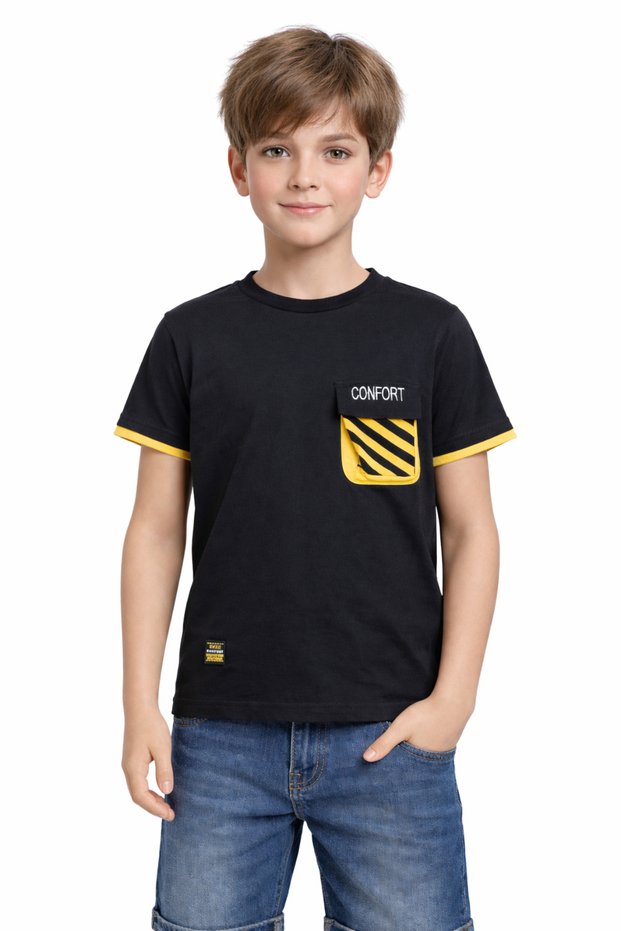 Boy's Confort Black Color Short Sleeve T-Shirt with Text Pattern and Pockets