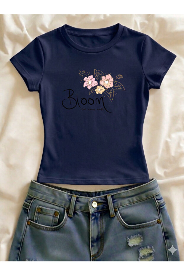 Floral Printed Lycra Slim Fit Short Sleeve Crew Neck Tee Crop