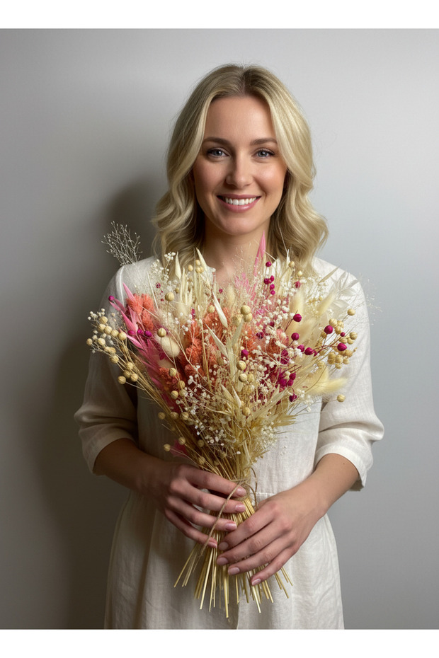 Pink Cream Dried Flower Bouquet 45X35 cm Shocked Natural Arrangement - Bohemian Rustic Home Decor