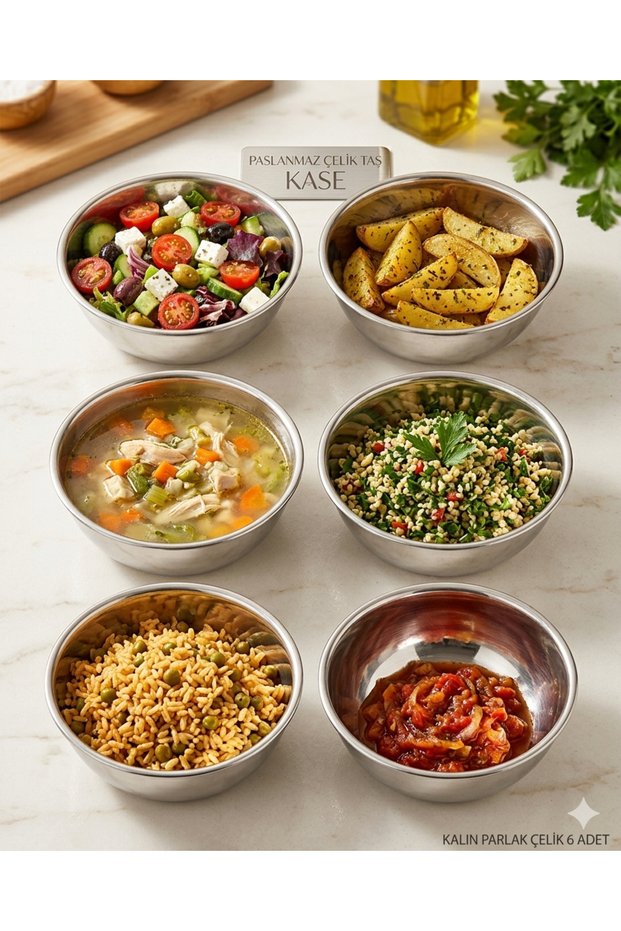 6-Piece Stainless Steel Soup and Food Bowl Set - 15.3 cm X 4.9 cm No:2 Tas - Shiny Steel Bowl Set
