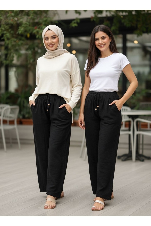 Muslin Solid Color Pocketed Elastic Drawstring Hiking Pants Single Piece