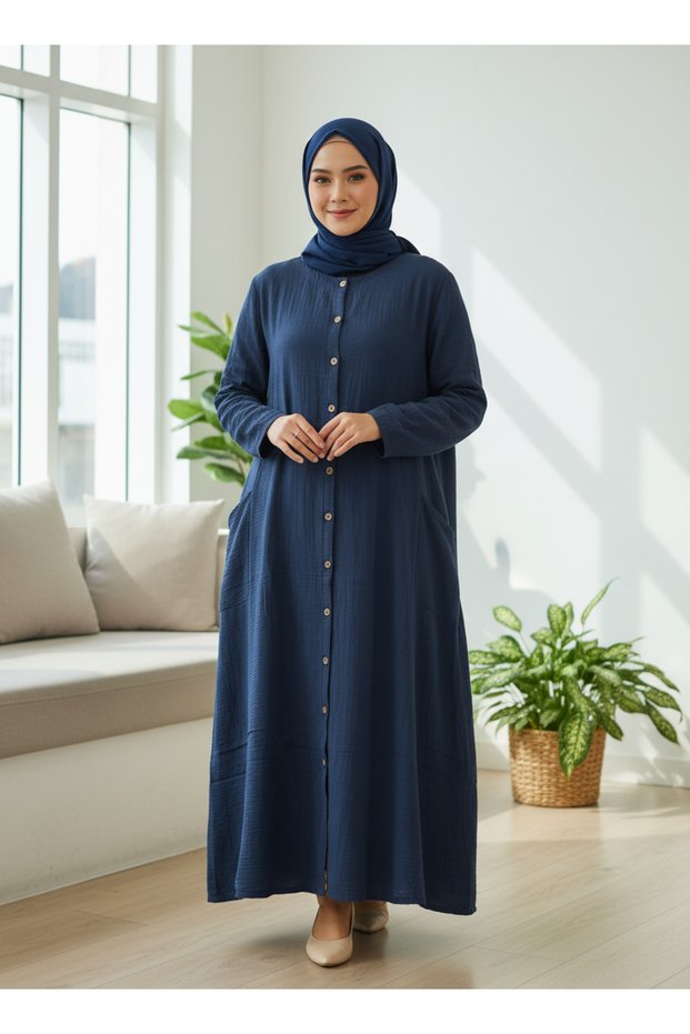 Muslin Mother's Dress Is Long, Wide-Cut, and Suitable for Wearing with Hijab.