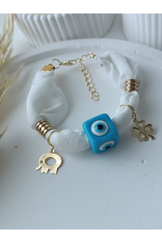 White Fabric Scarf, Bandana Bracelet, Blue Evil Eye Bead, Elephant Clover Leaf Charm