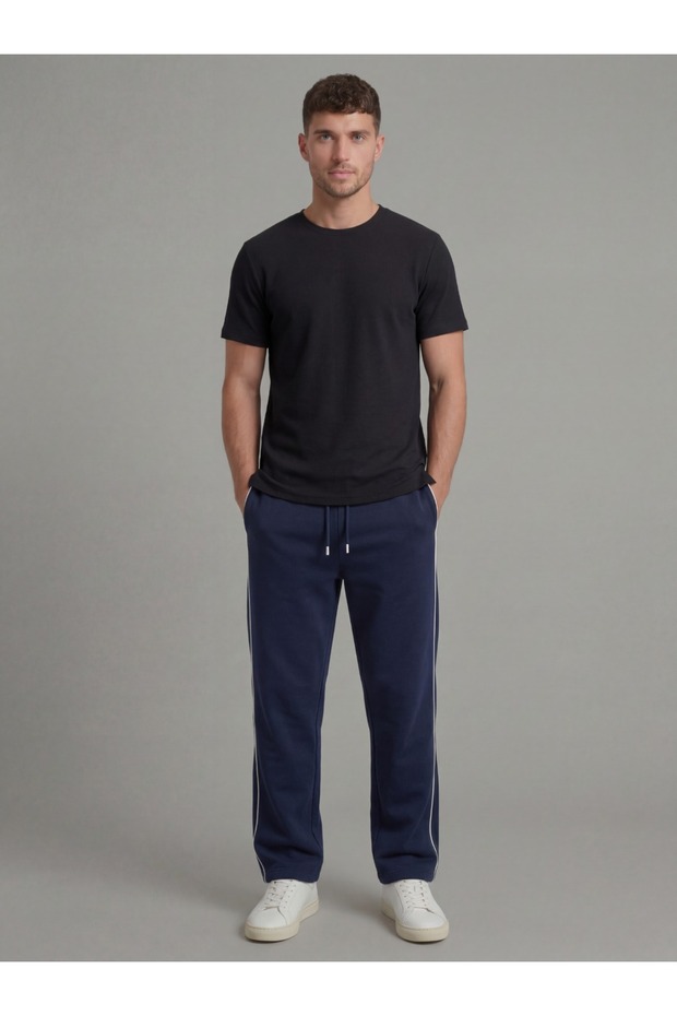 Men's Navy Blue Color Side Piping Baggy Sweatpants with Back Pockets, Comfortable Fit