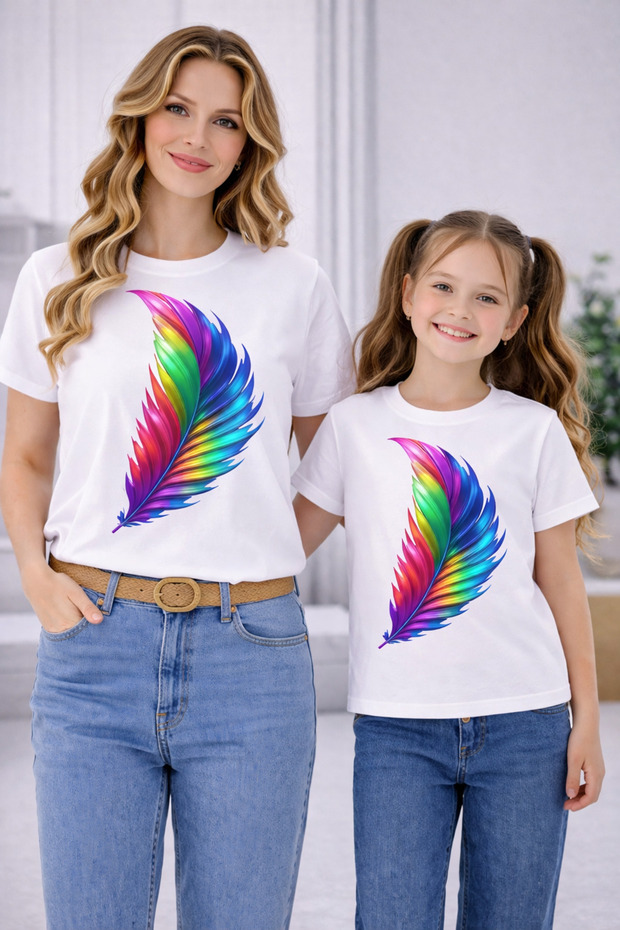 Mother Unisex Kids Combination Oversize T-Shirt Twin T-Shirt Colorful Feather Printed (Single Price)